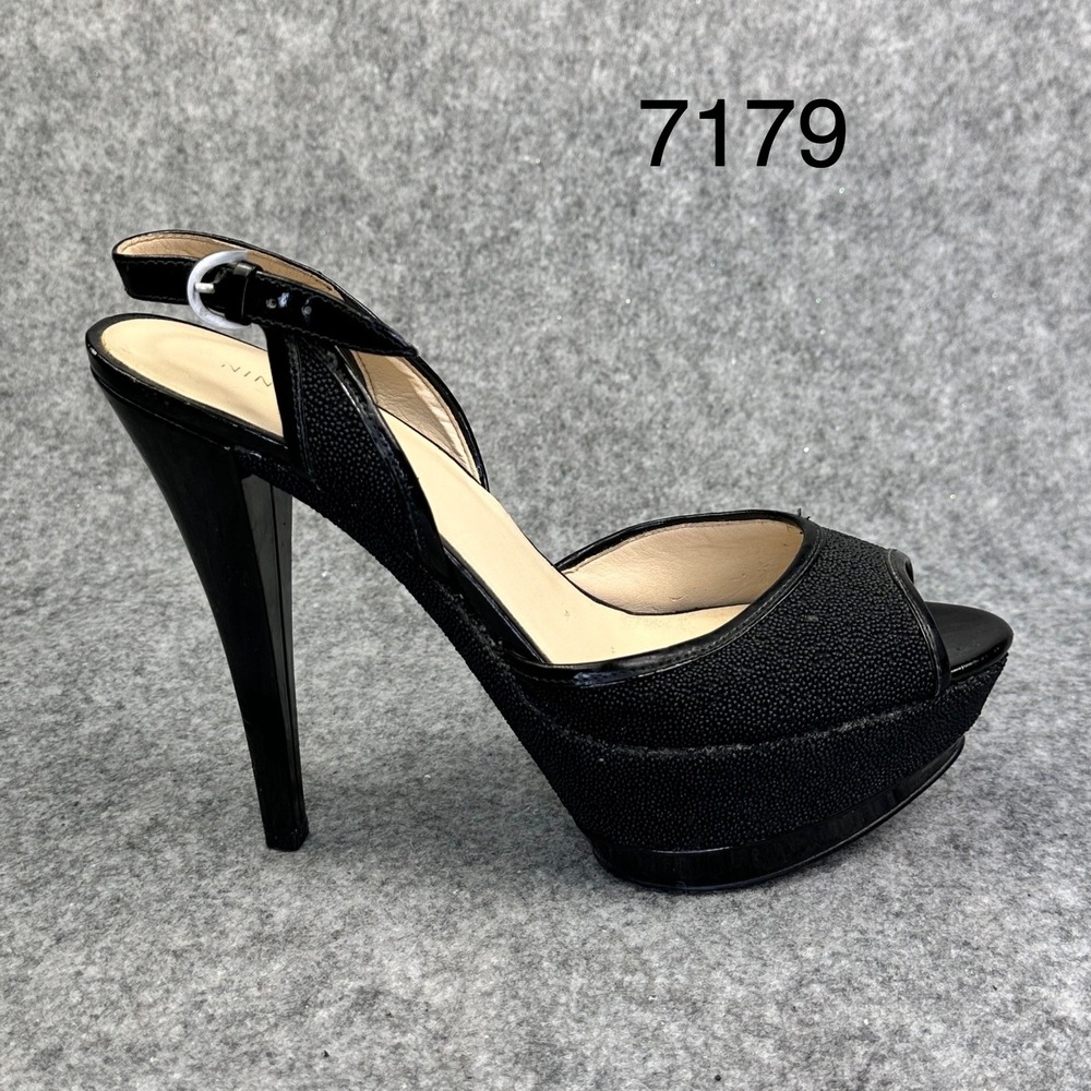 Nine West Womens 9.5 Black Peep Toe Slingback Heels Textured Stiletto Pumps